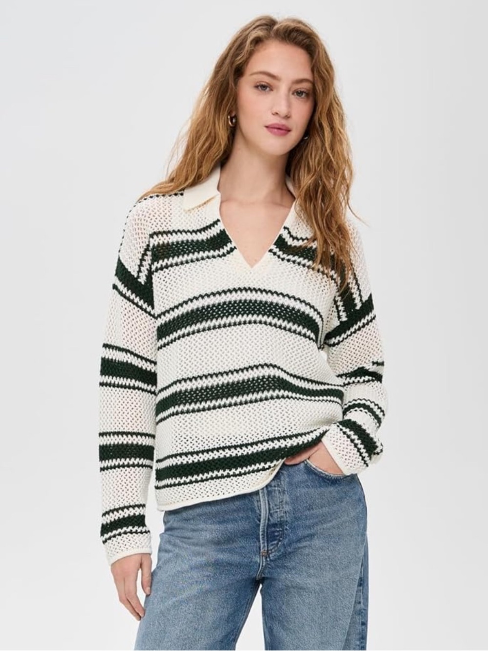 Madewell White and Dark Green Open Knit Striped V-Neck Polo Sweater